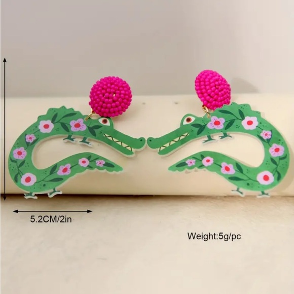 Pink & Green Floral Crocodile Earrings - Picture 5 of 5